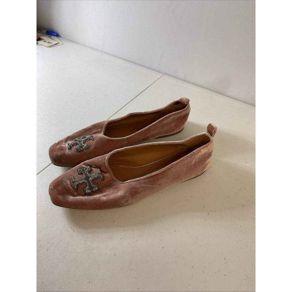 Tory Burch Eleanor crushed velvet Ballet Flat Pink crystal Logo Womens Size 11 - Picture 2 of 15